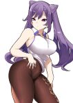  1girl bangs breasts brown_legwear cowboy_shot genshin_impact hand_on_own_stomach high-waist_pantyhose highres keqing_(genshin_impact) large_breasts long_hair looking_to_the_side manabebebe no_pants open_collar pantyhose purple_hair shirt sidelocks simple_background sleeveless solo standing thick_thighs thighs twintails violet_eyes white_background white_shirt 