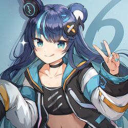  1girl animal_ears bear_ears blue_background blue_eyes blue_nails choker fujikura_uruka hair_ornament headphones highres hood hoodie long_hair long_sleeves looking_at_viewer luzzi_(milllim) multicolored_hair navel one_eye_closed phase_connect solo tongue tongue_out two-tone_hair v virtual_youtuber 