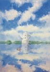  acrylic_paint_(medium) blue_sky boat building clouds cloudy_sky day highres mixed_media nature no_humans original outdoors painttool_sai_(medium) photoshop_(medium) reflection rowboat scenery senzaki-ryosuke sky still_life teapot traditional_media water watercraft window 