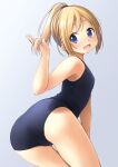  1girl :d ass bangs bare_arms bare_shoulders black_swimsuit blue_background blue_eyes blush breasts commentary_request eyebrows_visible_through_hair gradient gradient_background hand_up high_ponytail highres looking_at_viewer looking_back old_school_swimsuit one-piece_swimsuit open_mouth original ponytail school_swimsuit shibacha small_breasts smile solo swimsuit 