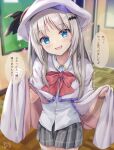  1girl :d bangs bat_hair_ornament blue_eyes blurry blurry_background bow capelet collared_shirt commentary_request depth_of_field door dress_shirt eyebrows_visible_through_hair fang grey_capelet grey_cloak grey_hair grey_skirt hair_ornament hands_up head_tilt heart highres indoors little_busters!! looking_at_viewer maruma_(maruma_gic) noumi_kudryavka open_mouth pleated_skirt red_bow shirt signature skirt smile solo translation_request white_shirt wooden_floor 