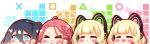  &gt;_&lt; 4girls :d absurdres ahoge animal_ears arisu_(blue_archive) black_hair black_hairband blonde_hair blue_archive blue_bow blue_eyes blush bow braid brown_hair cat_ear_headphones cat_ears chibi closed_mouth commentary_request fake_animal_ears forehead hair_bow hairband hands_up headphones highres kurukurumagical midori_(blue_archive) momoi_(blue_archive) multiple_girls one_side_up open_mouth parted_lips red_bow ringed_eyes sidelocks smile twintails yuzu_(blue_archive) 