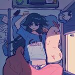  1girl absurdres alarm_clock bangs bed bed_sheet bird black_hair blue_eyes blue_shirt chicken clock curtains from_above fu_hua hair_between_eyes highres honkai_(series) honkai_impact_3rd indoors long_hair meadow_(morphinecaca) messy_hair messy_room messy_sleeper open_mouth pajamas phone pillow saliva shirt stuffed_animal stuffed_toy sunlight waking_up window 