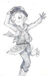  1girl absurdres boots cowboy_boots cowboy_hat gloves greyscale grin hat highres idolmaster idolmaster_cinderella_girls monochrome one_eye_closed pants plum_togoshi ryuuzaki_kaoru scarf short_hair sketch smile solo vest 