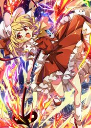  baba_(baba_seimaijo) bat_wings blonde_hair bow flandre_scarlet frills hat hat_ribbon highres laevatein medium_hair mob_cap puffy_short_sleeves puffy_sleeves red_bow red_eyes red_ribbon red_skirt red_vest ribbon shirt short_sleeves side_ponytail skirt skirt_set touhou vest white_shirt wings yellow_neckwear 