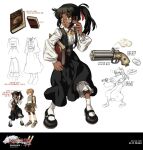  1boy 1girl bangs black_footwear black_hair black_skirt black_vest blunt_bangs book brown_eyes brown_hair character_request commentary concept_art dark-skinned_female dark_skin english_commentary full_body grandyoukan gun hair_ribbon handgun holding holding_book korean_text long_hair looking_to_the_side mary_janes novice_(ro2) official_art open_mouth ponytail ragnarok_online_2:_gate_of_the_world red_ribbon revolver ribbon round_eyewear shirt shoes short_hair simple_background skirt socks solo_focus translation_request vest weapon white_background white_legwear white_shirt 