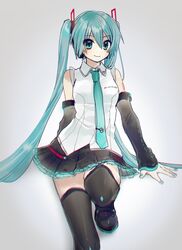  1girl absurdres aqua_eyes aqua_hair aqua_nails aqua_neckwear arm_behind_back bare_shoulders black_legwear black_skirt black_sleeves commentary detached_sleeves hair_ornament hatsune_miku hatsune_miku_(vocaloid4) headphones highres ishitsuki_(_0101_831) knee_up long_hair looking_at_viewer miniskirt nail_polish neck_ribbon pleated_skirt ribbon shirt shoulder_tattoo sitting skindentation skirt sleeveless sleeveless_shirt smile solo tattoo thigh-highs twintails v4x very_long_hair vignetting vocaloid white_shirt zettai_ryouiki 