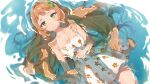  1girl :o bangs bare_arms bare_shoulders breasts brown_hair cheli_(kso1564) dress floral_print green_eyes hair_intakes highres leaf leaf_on_head long_hair looking_at_viewer lying medium_breasts official_art on_back original parted_lips partially_submerged pleated_dress print_dress shallow_water sleeveless sleeveless_dress solo very_long_hair water white_dress 