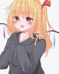  1girl :d blonde_hair breasts crystal fang flandre_scarlet happy highres korira looking_at_viewer no_hat no_headwear one_side_up open_mouth oversized_clothes red_eyes short_hair simple_background small_breasts smile solo sweater touhou upper_body white_background wings 