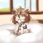  1girl arknights armband bangs brown_hair chibi closed_eyes collared_jacket eyebrows_visible_through_hair feather_hair glasses hair_between_eyes highres id_card indoors lanyard pillow rhine_lab_logo sclatch_k semi-rimless_eyewear short_hair silence_(arknights) simple_background sleeping sleeping_upright solo window 