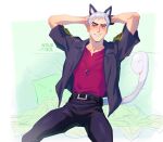  1boy alolan_meowth black_jacket commentary grey_hair hands_on_own_head hands_up jacket jewelry male_focus nanu_(pokemon) necklace neukgol open_clothes open_jacket pants pokemon pokemon_(game) pokemon_ears pokemon_sm pokemon_tail red_eyes red_shirt shirt short_hair short_sleeves smile solo tail 