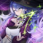  1girl artist_request choker coat dress earrings highres jewelry lock long_hair long_sleeves looking_at_viewer magic necklace phase_connect purple_hair shisui_michiru_(phaseconnect) sky solo star_(sky) star_(symbol) star_earrings starry_sky violet_eyes virtual_youtuber witch 