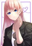  1girl bangs black_jacket blue_eyes commentary_request eyebrows_visible_through_hair eyes_visible_through_hair go-toubun_no_hanayome hair_between_eyes hand_on_own_neck highres jacket light_smile long_hair long_sleeves nakano_ichika open_clothes open_jacket pink_hair shirt solo sunglasses tamago_sando upper_body white_background white_shirt 