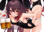  1girl alcohol animal_ears ass bare_shoulders beer beer_mug bent_over black_leotard bow bowtie breasts bunny_tail cup drink genshin_impact ghost holding holding_drink hu_tao_(genshin_impact) leotard looking_at_viewer marisayaka mug rabbit_ears solo star-shaped_pupils star_(symbol) symbol-shaped_pupils tail twintails 
