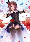  1girl :d bang_dream! bangs bare_shoulders black_choker black_legwear black_leotard blurry blurry_background breasts brown_hair chain choker commentary_request detached_sleeves dress_flower feet_out_of_frame flower frilled_cape from_below fur-trimmed_sleeves fur_trim garter_straps groin hair_ornament halterneck highleg highleg_leotard highres lace-trimmed_legwear lace_trim leotard looking_at_viewer medium_breasts medium_hair nail_polish open_mouth outstretched_arms petals red_flower red_nails red_rose rose smile solo spread_arms stairs standing star_(symbol) star_hair_ornament thigh-highs toyama_kasumi tsurugi_hikaru violet_eyes waist_cape 