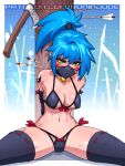  1girl abs arrow_(projectile) artist_name axe bell bikini blue_hair breasts choker english_commentary green_eyes mask medium_breasts navel neck_bell original patreon_username ponytail ronindude sitting solo swimsuit thigh-highs watermark yin_yang_tattoo 
