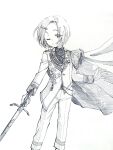  1girl absurdres cape greyscale hair_ornament hairclip highres holding holding_weapon idolmaster idolmaster_cinderella_girls jacket monochrome one_eye_closed pants plum_togoshi ryuuzaki_kaoru short_hair sketch smile solo sword uniform weapon 