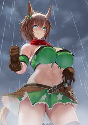  1girl animal_ears aqua_eyes bare_shoulders breasts brown_gloves brown_hair clenched_hand closed_mouth clouds cloudy_sky commentary_request gen_(black_factory) gloves green_skirt highres horse_ears horse_girl horse_tail large_breasts looking_at_viewer midriff navel rain red_scarf scarf short_hair skirt sky smile solo standing taiki_shuttle_(umamusume) tail thighs umamusume wet 