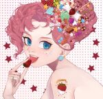  1girl bare_shoulders blue_eyes candy_hair_ornament curly_hair earrings food food-themed_hair_ornament freckles fruit hair_ornament holding holding_food holding_fruit jewelry my_little_pony my_little_pony_friendship_is_magic no_shirt personification pink_hair pinkie_pie solo strawberry tattoo xieyanbbb 