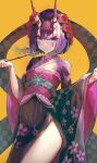  1girl blue_eyes bob_cut closed_mouth fate/grand_order fate_(series) flower hair_flower hair_ornament highres holding holding_pipe horns japanese_clothes kimono kiseru long_sleeves looking_at_viewer merryj obi oni oni_horns pipe purple_hair red_flower red_rose rose sash short_hair shuten_douji_(fate) simple_background solo thighs wide_sleeves yellow_background 