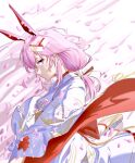  1girl animal_ears bangs cherry_blossoms closed_mouth fox_ears from_side hair_ornament highres honkai_(series) honkai_impact_3rd japanese_clothes kimono looking_at_viewer petals pink_hair smile solo violet_eyes white_background wind wind_lift wow+ yae_sakura 