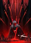  1boy anato_finnstark arrow_(projectile) beard cape facial_hair geralt_of_rivia gloves grass grey_hair highres holding holding_sword holding_weapon impaled male_focus medallion red_theme solo sword the_witcher_(series) weapon white_hair witcher_medallion yellow_eyes 