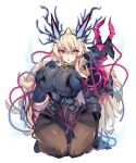  1girl abs absurdres armor bangs bare_shoulders black_dress blonde_hair blue_eyes breasts brown_legwear chain covered_navel dress fate/grand_order fate_(series) gauntlets gawain_(fairy_knight)_(fate) heterochromia highres horns kive large_breasts long_hair looking_at_viewer muscular muscular_female open_mouth pantyhose pauldrons pelvic_curtain red_eyes seiza shoulder_armor sitting solo thighs very_long_hair 