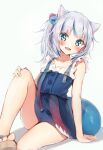  1girl :d animal_ears bangs bare_arms bare_legs bare_shoulders blue_dress blue_eyes blush cat_ears collarbone dress eyebrows_visible_through_hair gawr_gura hair_cubes hair_ornament highres hololive hololive_english knee_up looking_at_viewer open_mouth sandals seboneko shirt short_hair short_ponytail side_ponytail simple_background sitting sleeveless sleeveless_dress sleeveless_shirt smile solo tail virtual_youtuber white_background white_shirt 