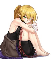  1girl absurdres arm_warmers bangs barefoot bike_shorts black_shirt black_shorts black_skirt blonde_hair blush braid breasts brown_jacket closed_mouth clothes_around_waist commentary eyebrows_visible_through_hair french_braid full_body green_eyes hair_between_eyes highres jacket jacket_around_waist leg_hug looking_at_viewer medium_breasts medium_hair mizuhashi_parsee multicolored multicolored_clothes multicolored_jacket pointy_ears shirt short_ponytail shorts shorts_under_skirt simple_background sitting skirt sleeveless sleeveless_shirt solo sunyup touhou white_background 