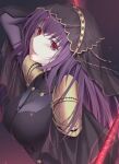  1girl bangs bodysuit breasts eyebrows_visible_through_hair fate/grand_order fate_(series) hair_between_eyes headpiece highres holding holding_spear holding_weapon jewelry k-chitsu kerchief looking_at_viewer polearm purple_bodysuit purple_hair red_eyes scathach_(fate) scathach_(fate)_(all) sleeves smile solo spear upper_body weapon 