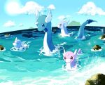  alternate_color blue_eyes bokubo closed_eyes clouds day dragonair dratini gen_1_pokemon horns looking_down no_humans outdoors pokemon pokemon_(creature) rock shiny_pokemon single_horn sky sparkle swimming symbol_commentary water 