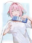 1girl ahoge blue_hair closed_eyes commentary_request cup drinking_glass failure hair_intakes hamachamu highres holding holding_cup idolmaster idolmaster_cinderella_girls milk milk_carton multicolored_hair open_mouth pink_hair pouring shirt short_hair skeleton_print solo two-tone_hair upper_body white_shirt yumemi_riamu 