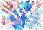  1girl :d bloomers blue_dress blue_eyes blue_hair blush bow cake cirno dress food foot_out_of_frame hair_bow happy highres ice ice_cream ice_cream_cone ice_wings kiramarukou looking_at_viewer open_mouth popsicle shaved_ice short_hair smile soft_serve solo touhou underwear wings 