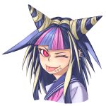  1girl ;p anti-earth_bomb bangs black_hair blue_hair blunt_bangs commentary_request dangan_ronpa_(series) dangan_ronpa_2:_goodbye_despair grey_background hair_horns highres lip_piercing long_hair looking_at_viewer mioda_ibuki mouth_piercing multicolored_hair one_eye_closed piercing pink_hair red_eyes sailor_collar school_uniform serafuku shiny shiny_hair shirt simple_background smile solo tongue tongue_out white_hair white_shirt 