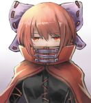  1girl aoiyamagi4 bow breasts cape covered_mouth hair_bow jitome looking_at_viewer medium_breasts red_cape red_eyes red_shirt redhead sekibanki shirt short_hair simple_background solo touhou upper_body white_background 