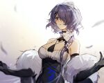  1girl arknights bare_shoulders black_gloves blue_eyes breasts chinese_commentary commentary_request elbow_gloves feather_boa gloves highres long_hair medium_breasts purple_hair qinglai_haiji solo upper_body whisperain_(arknights) whisperain_(tremble_cold)_(arknights) 