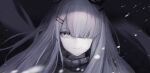  1girl arknights bangs black_background frostnova_(arknights) grey_eyes grey_scarf hair_ornament hair_over_eyes hairclip highres long_hair looking_at_viewer scar scar_on_face scar_on_nose scarf silver_hair smile snowing solo timitarcat upper_body 