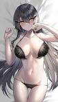  1girl bangs bare_shoulders bed_sheet black_bra black_hair black_panties blush bra breasts collarbone commentary cowboy_shot dandelion_(girls_frontline) embarrassed eyebrows_visible_through_hair girls_frontline groin hair_between_eyes hands_up hei_d highres large_breasts long_hair looking_away lying navel on_back on_bed open_bra panties solo stomach underwear underwear_only very_long_hair yellow_eyes 