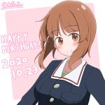  1girl 6xtu2 bangs blue_jacket brown_eyes brown_hair closed_mouth commentary dated english_text eyebrows_visible_through_hair girls_und_panzer green_shirt happy_birthday jacket long_sleeves looking_at_viewer military military_uniform nishizumi_miho ooarai_military_uniform school_uniform shirt short_hair smile solo twitter_username uniform 