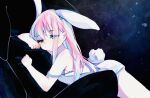  1girl animal_ears blue_eyes bunny_tail camisole chair eyebrows_visible_through_hair from_side long_hair lying no_pants on_stomach original pink_hair rabbit_ears solo strap_slip tail white_camisole yuurei_(chcc8384) 