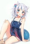  1girl :p animal_ears bangs bare_arms bare_legs bare_shoulders blue_dress blue_eyes blush cat_ears closed_mouth collarbone dress eyebrows_visible_through_hair gawr_gura hair_cubes hair_ornament highres hololive hololive_english knee_up looking_at_viewer sandals seboneko shirt short_hair short_ponytail side_ponytail simple_background sitting sleeveless sleeveless_dress sleeveless_shirt solo tail tongue tongue_out virtual_youtuber white_background white_shirt 