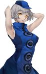  1girl armpits arms_up blue_dress blue_headwear dress elizabeth_(persona) hat high_collar highres light_smile looking_at_viewer persona persona_3 pertex_777 silver_hair simple_background sleeveless sleeveless_dress solo upper_body white_background yellow_eyes 