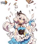  1girl alternate_costume bangs bare_shoulders blue_eyes blue_gloves book card cup floating floating_object gloves hair_between_eyes hair_ornament hair_ribbon highres honkai_(series) honkai_impact_3rd looking_at_viewer meadow_(morphinecaca) open_mouth playing_card ribbon simple_background solo spilling teacup theresa_apocalypse theresa_apocalypse_(violet_executer) twintails white_background white_hair 