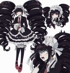  1girl bangs big_hair black_hair black_legwear black_skirt bonnet card celestia_ludenberg chibi commentary criis-chan dangan_ronpa:_trigger_happy_havoc dangan_ronpa_(series) drill_hair earrings english_commentary frilled_skirt frills full_body gothic_lolita holding impossible_hair jacket jewelry layered_skirt lolita_fashion long_hair long_sleeves looking_at_viewer nail_polish necktie playing_card pointing pointing_at_self red_eyes red_footwear red_neckwear shoes simple_background skirt smile thigh-highs twin_drills twintails very_long_hair 