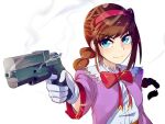  1girl artist_request blue_eyes braid breasts brown_hair closed_mouth coat gloves gun hairband long_hair red_hairband sidelocks simple_background smile solo virginia_maxwell weapon white_background wild_arms wild_arms_3 