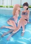  2girls arm_support barefoot bikini black_hair blue_eyes blue_shorts breasts brown_hair commentary_request full_body green_eyes gridman_universe gulim highres legs long_hair looking_at_viewer medium_breasts minami_yume multiple_girls one_eye_closed partially_submerged ponytail pool short_hair shorts sitting ssss.dynazenon ssss.gridman swimsuit takarada_rikka toes water wet white_bikini 