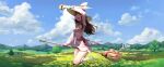  1girl absurdres blue_sky boots broom broom_riding brown_hair clouds flower flying hand_on_headwear hat highres kagari_atsuko knee_boots little_witch_academia long_hair mountain pink_ribbon red_eyes red_ribbon ribbon sky smile solo thighs tower tree wabeibei white_hair wide_sleeves witch_hat 