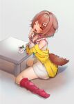  1girl :3 animal_collar animal_ears bangs bone_hair_ornament braid brown_eyes brown_hair clothing_cutout coffee_mug collar cup dog_ears dog_girl dog_tail dress elbows_on_table from_above from_side full_body hair_ornament hairclip highres hololive inugami_korone jacket kelly_0w0 long_hair loose_socks low_twin_braids mug no_shoes off_shoulder one_eye_closed open_mouth red_collar red_legwear short_dress sitting socks solo tail tail_cutout twin_braids twintails virtual_youtuber wariza white_dress yawning yellow_jacket 