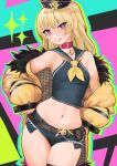  1girl asiamaster azur_lane bache_(azur_lane) belt black_sailor_collar blonde_hair collar cowboy_shot cutoffs fishnet_legwear fishnets fur-trimmed_jacket fur_trim hat heart heart-shaped_pupils highres jacket micro_shorts midriff mini_hat navel neckerchief off_shoulder open_clothes open_shorts sailor_collar shorts single_thighhigh sleeveless symbol-shaped_pupils thick_eyebrows thigh-highs violet_eyes yellow_jacket yellow_neckwear 