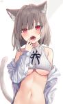  1girl :o absurdres akino_ell animal_ear_fluff animal_ears bare_shoulders breasts cat_ears cat_girl cat_tail collared_shirt crop_top fangs finger_in_mouth grey_hair highres jacket long_sleeves looking_at_viewer medium_breasts midriff navel neck_ribbon off_shoulder open_clothes open_jacket open_mouth original red_eyes ribbed_shirt ribbon shirt short_hair simple_background sleeveless sleeveless_shirt solo stomach tail under_boob upper_body white_background white_jacket white_shirt 